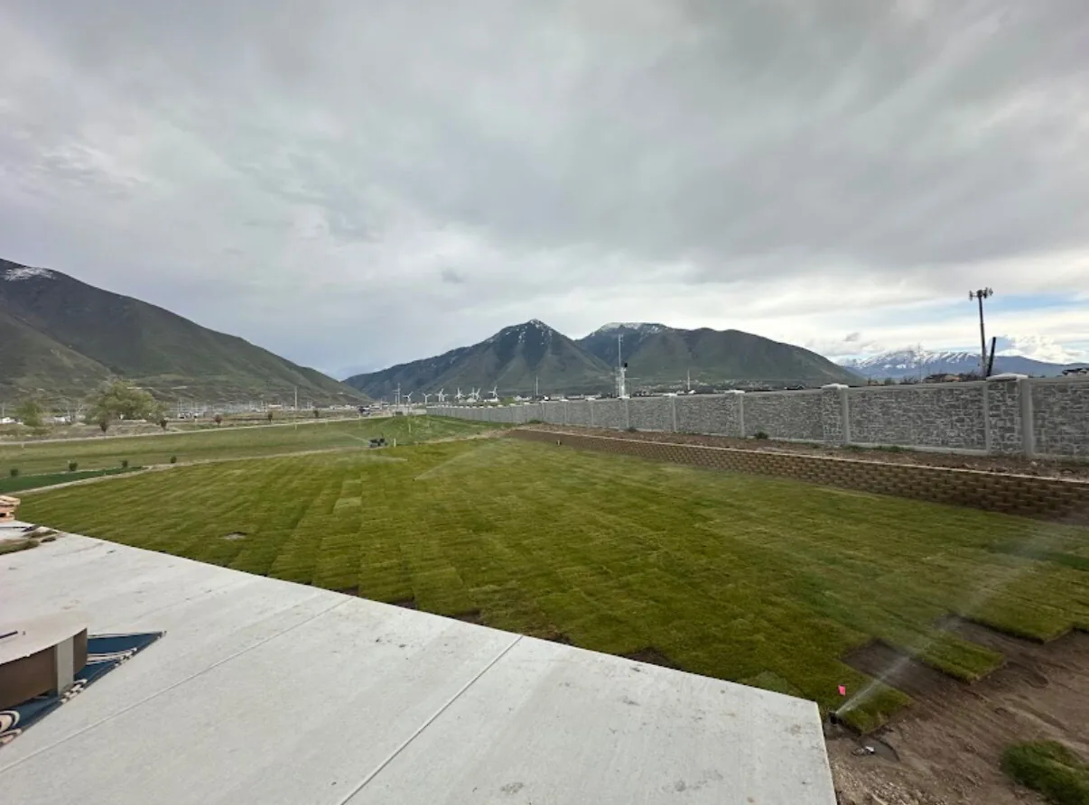 Freshly installed sod lawn with mountain view